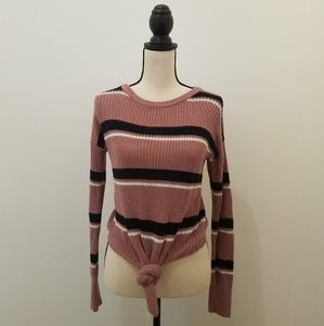 Pink Rose striped tie front sweater